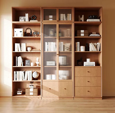 Modern Wooden Bookshelf Design With Glass Door Compartments Multiple Shelves And Storage Boxes 3d model