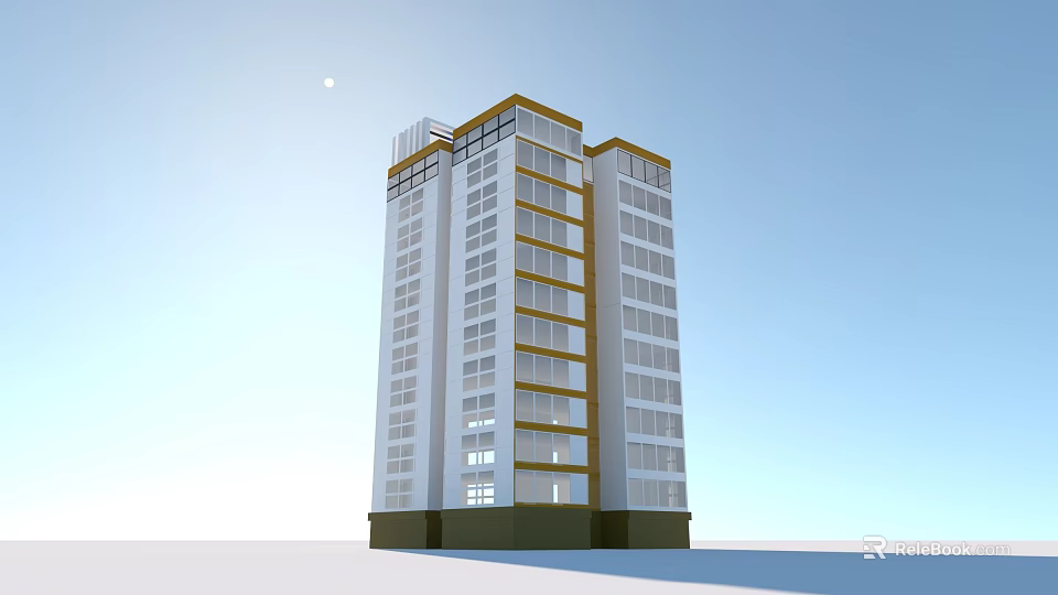 Modern High Rise Building Exterior Design With White Facade Yellow Accents And Large Windows 3d model 