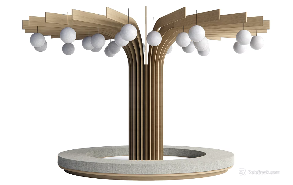 Decorative Wooden Pillar with Branch Like Extensions and Hanging White Spheres on Round Base 3d model 