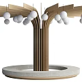 Decorative Wooden Pillar with Branch Like Extensions and Hanging White Spheres on Round Base