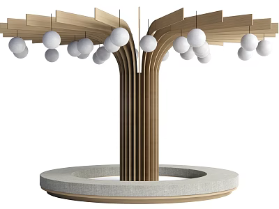 Decorative Wooden Pillar with Branch Like Extensions and Hanging White Spheres on Round Base 3d model