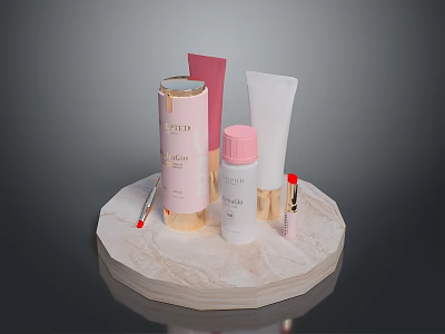 Various Cosmetic Products On Marble Display Stand Including Bottles And Lipstick 3d model