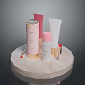 Various Cosmetic Products On Marble Display Stand Including Bottles And Lipstick