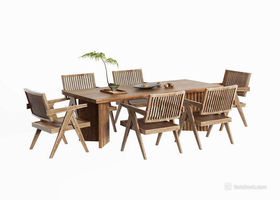 Natural Wooden Dining Table Set With Six Chairs Green Plant And Tray 3d model 