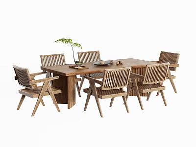 Natural Wooden Dining Table Set With Six Chairs Green Plant And Tray 3d model