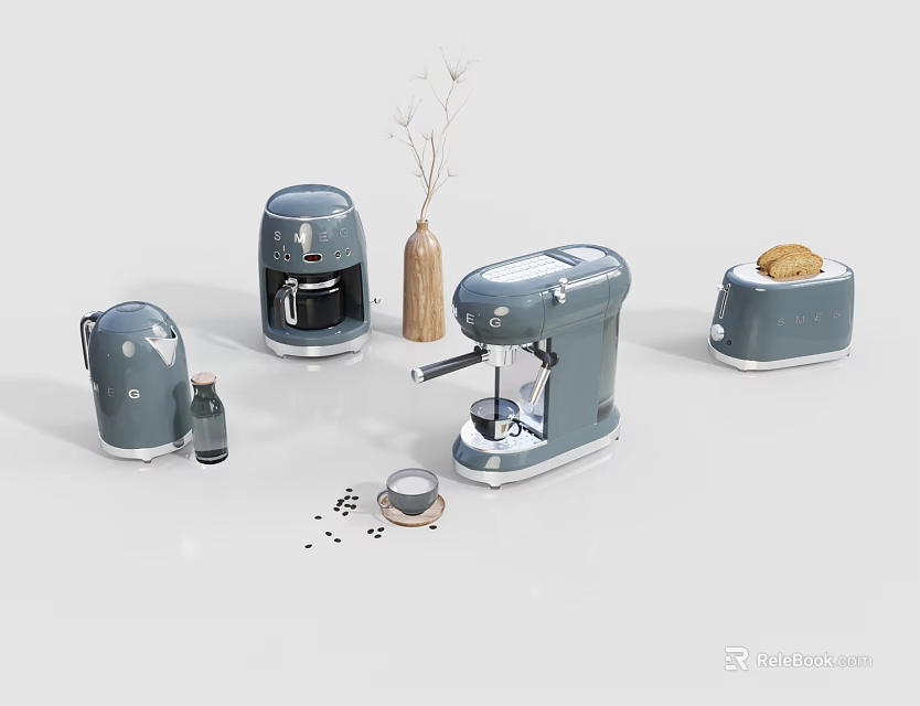 Modern Gray Kitchen Appliances Arranged With Toast Spices And Decorative Vase 3d model 