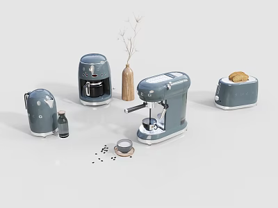 Modern Gray Kitchen Appliances Arranged With Toast Spices And Decorative Vase 3d model