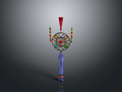 Handcrafted Decorative Hanging Ornament With Circular Design Colorful Beads Central Gemstone And Blue Tassel 3d model