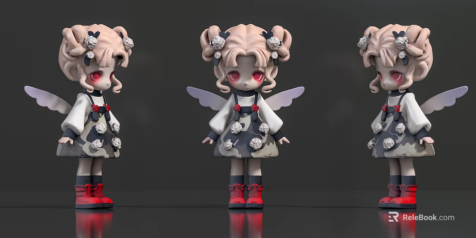 Woman Doll With Pink Hair Double Bun Red Eyes Patterned Dress Wings Red Shoes 3d model 