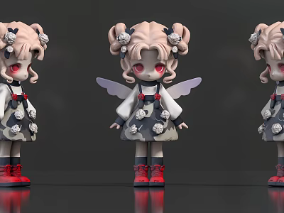 Woman Doll With Pink Hair Double Bun Red Eyes Patterned Dress Wings Red Shoes 3d model