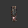 Post Apocalyptic Armored Vehicle With Spiked Front And Red Blue Rusty Design