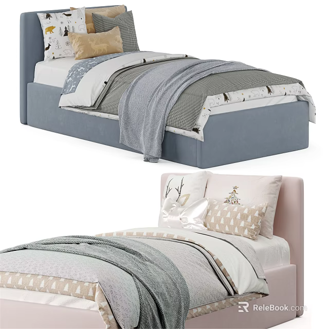 Cozy Kids Bed With Blue And Pink Frames Mattress Sheets Pillows And Blanket 3d model 