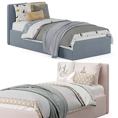 Cozy Kids Bed With Blue And Pink Frames Mattress Sheets Pillows And Blanket 3d model