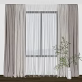 Light Brown Curtains With Sheer Layers And Green Plant By Window