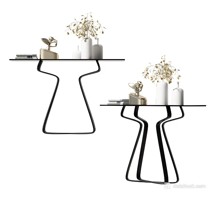 Modern Console Table With Black Metal Frame Glass Top Decorative Vases Dried Flowers And Books 3d model 