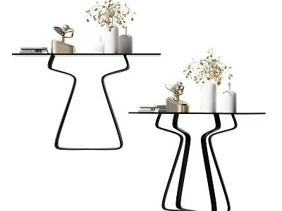 Modern Console Table With Black Metal Frame Glass Top Decorative Vases Dried Flowers And Books 3d model