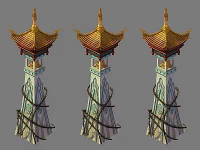 Ancient Architecture Towers With Golden Roofs Overhanging Eaves And Intricate Decorative Patterns 3d model