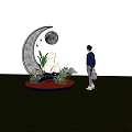 Decorative Crescent Moon Scene With Rabbit Sculpture Plants Flowers And Night Sky