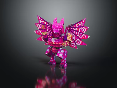 Colorful Pink Purple Building Blocks Sculpture With Intricate Wings And Ornate Patterns 3d model