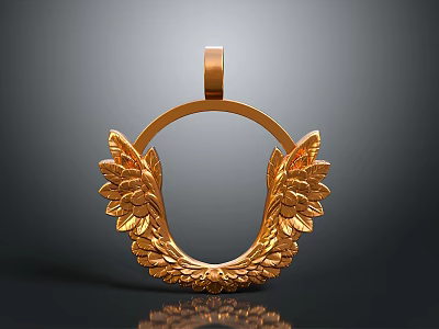 Shiny Golden Circular Pendant With Intricate Leaf Decorations For Daily Wear 3d model