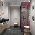 Modern Bathroom with Double Oval Mirrors Marble Texture Wall Vanity Black Countertop Cabinets Towels Toiletries
