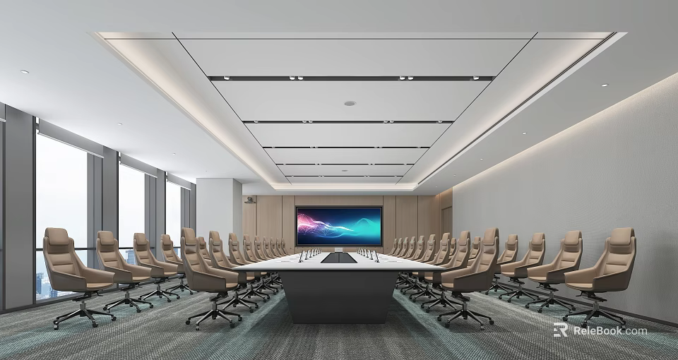 Modern Conference Room Design Featuring Long Table Large Screen Ceiling Lights And Ergonomic Chairs 3d model