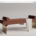Modern Red and Blue Ottoman Design With Metal Legs White Blanket and Cylindrical Cushions