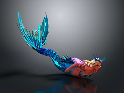 Fantasy Mermaid Character With Blue Green Tail Golden Hair And Decorative Headpiece In Floating Pose 3d model