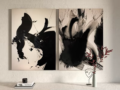 Abstract Black And White Wall Art With Red Plant Vase Cup And Books 3d model