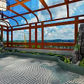 Luxurious Villa Balcony Design With Glass Roof Wooden Dining Table Hanging Lanterns And Green Plants
