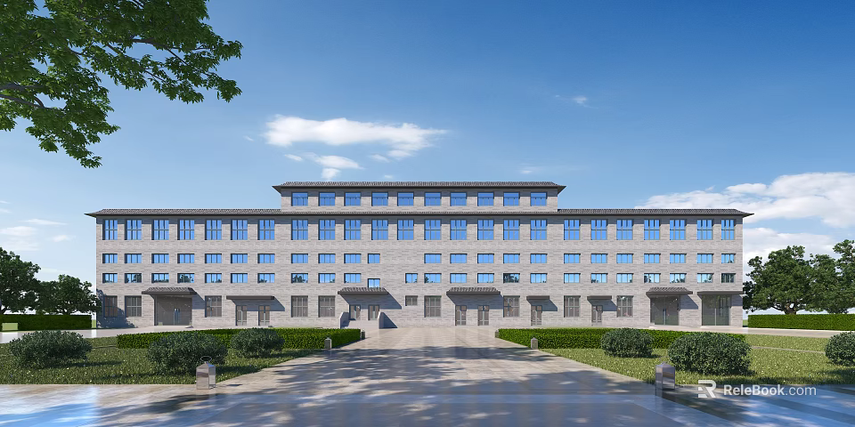Modern Industrial Factory Building With Gray Exterior Multiple Windows Symmetrical Design And Landscaped Entrance 3d model 