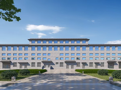 Modern Industrial Factory Building With Gray Exterior Multiple Windows Symmetrical Design And Landscaped Entrance 3d model
