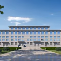 Modern Industrial Factory Building With Gray Exterior Multiple Windows Symmetrical Design And Landscaped Entrance