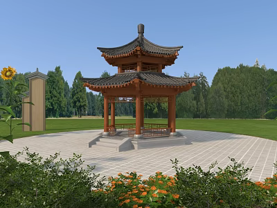 Traditional Chinese Pavilion With Double Tiered Roof Green Lawn Stone Pavement And Flower Beds 3d model