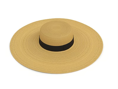 Lightweight Wide Brim Straw Hat With Black Ribbon Band For Summer Days 3d model