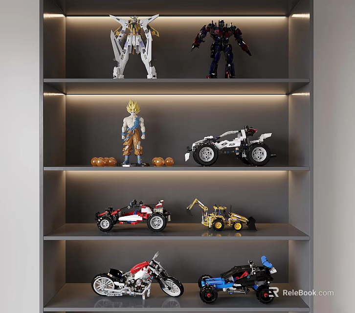 Various Action Figures on Shelves Including Robot Anime Character and Vehicle Toys 3d model 