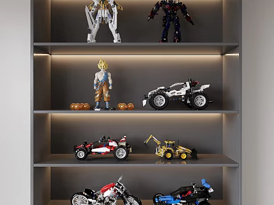 Various Action Figures on Shelves Including Robot Anime Character and Vehicle Toys 3d model