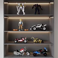 Various Action Figures on Shelves Including Robot Anime Character and Vehicle Toys