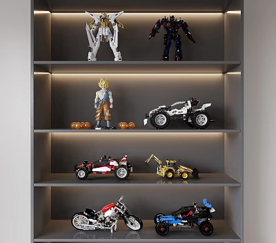 Various Action Figures on Shelves Including Robot Anime Character and Vehicle Toys 3d model
