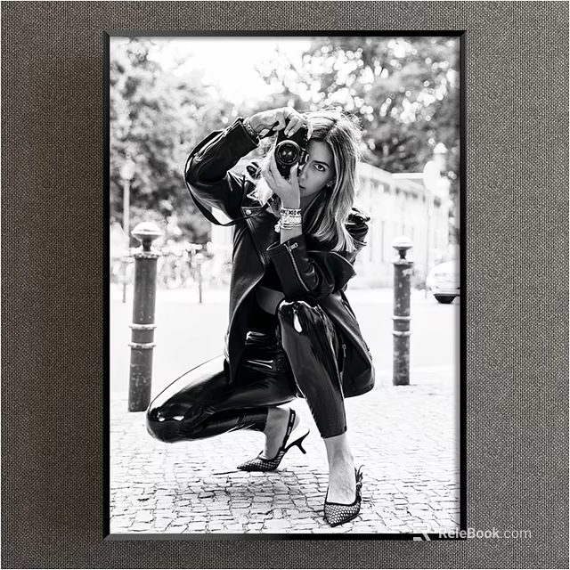 Fashionable Woman in Black Leather Crouching Taking Photo Street Portrait with Streetlights and Trees 3d model 