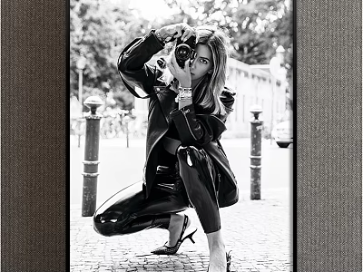 Fashionable Woman in Black Leather Crouching Taking Photo Street Portrait with Streetlights and Trees 3d model