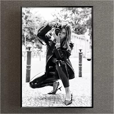 Fashionable Woman in Black Leather Crouching Taking Photo Street Portrait with Streetlights and Trees 3d model