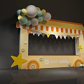Colorful Children's Party Decoration With Yellow Background Balloons And Stage Setup