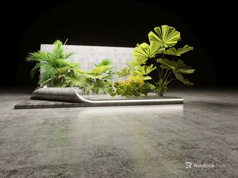 Modern Indoor Plant Display With Gray Platform And Green Large Leaf Plants 3d model 