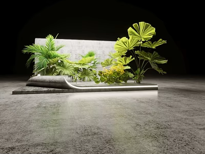 Modern Indoor Plant Display With Gray Platform And Green Large Leaf Plants 3d model