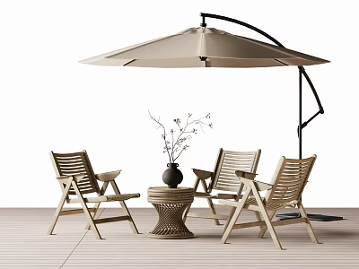 Three Wooden Outdoor Chairs With Small Table Vase And Beige Umbrella On Patio 3d model