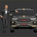 Gray SUV with Yellow Stripe and GTMD Logo Standing Next to Man in Suit