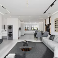 Modern Living Dining Room Interior With White Cabinets Dining Table Gray Chairs Sofa And Lighting
