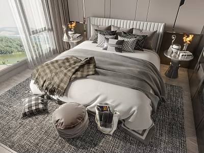 Luxurious Double Bed Bedroom Interior With Gray Blanket Plaid Pillows Bedside Tables And Scenic View 3d model