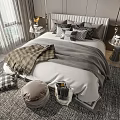 Luxurious Double Bed Bedroom Interior With Gray Blanket Plaid Pillows Bedside Tables And Scenic View